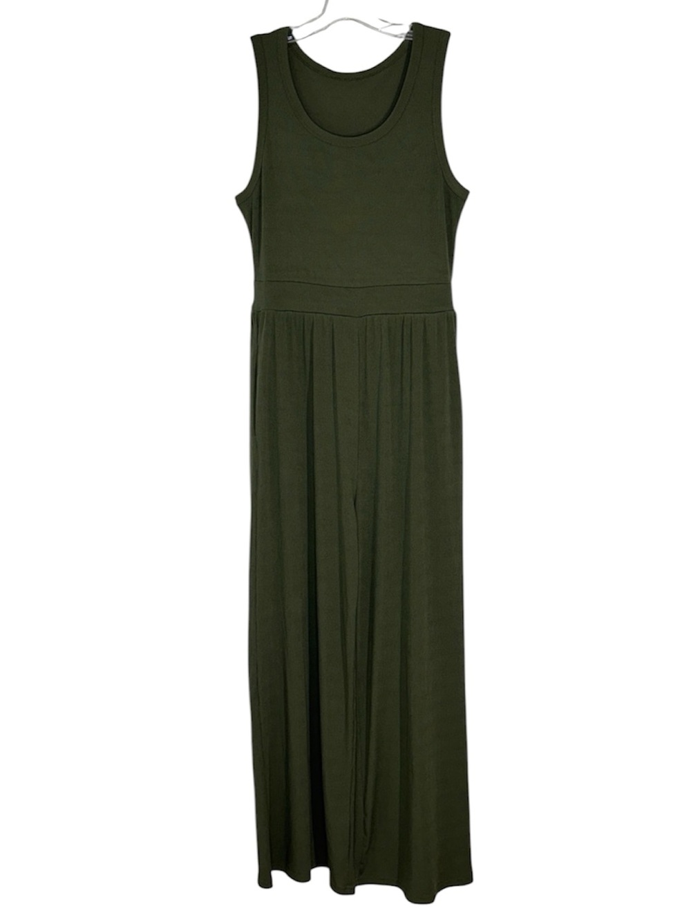 Yozy Sleeveless Wide-Leg Jumpsuit Olive Green Stretch Ribbed Large